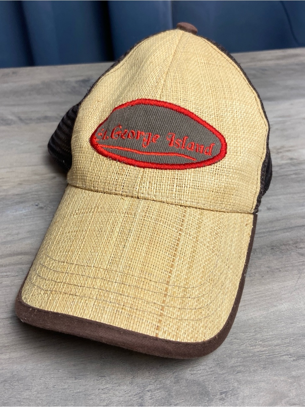 St. George Island Embroidered Trucker Hat Tan & Brown,‎ Red Letters, Adjustable